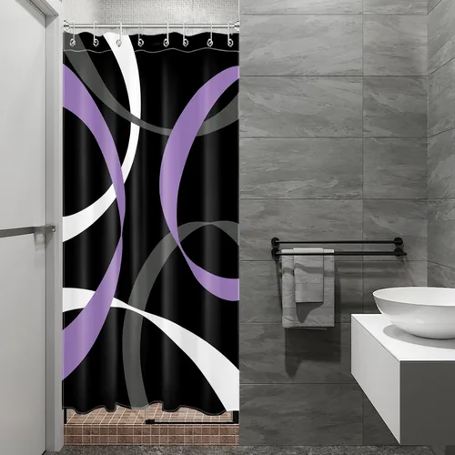 Miniatura 30 de LB Cortina de ducha abstracta rosa para baño, cortina de ducha de tela a rayas grises y blancas sobre fondo negro con ganchos, juego de cortinas