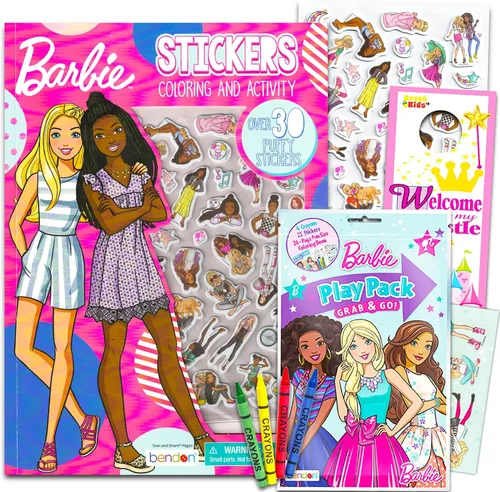 Barbie - Libros para colorear y actividades para niños de 4 a 8 años, paquete con calcomanías hinchadas y paquete de juego