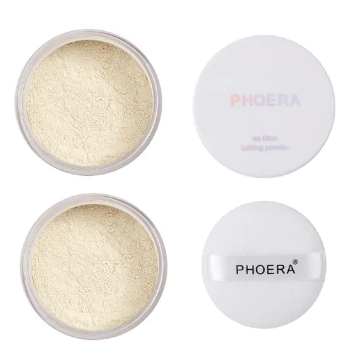 PHOERA - Paquete de 2 polvos fijadores, aceite de control para iluminar la piel, cobertura de color para blanquear imperfecciones, maquillaje facial