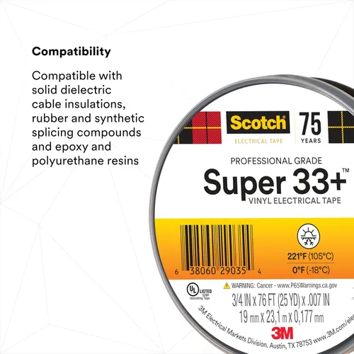 Miniatura 11 de 3M Scotch Super 33+ Cinta eléctrica, 3/4 pulgadas x 76 pies, vinilo de alta calidad para todo tipo de clima, resistente a la abrasión, la humedad