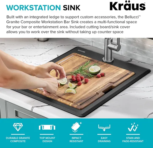Miniatura 4 de KRAUS Bellucci KGTW12-18MBL - Fregadero de cocina de estación de trabajo de granito, 46 cm, montaje directo, cuenco individual, montaje superior