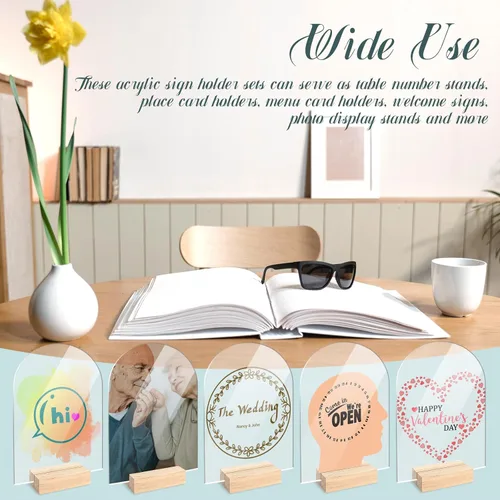 Miniatura 7 de Bercoor Paquete de 5 carteles acrílicos de arco transparente en blanco de 5 x 7 pulgadas con soportes de madera, hoja acrílica arqueada, números