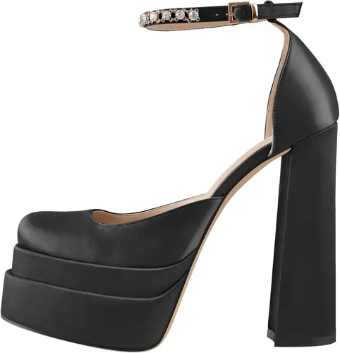 Miniatura 2 de onlymaker Women's Chunky Heel Platform Sandals Crystal Clasp Square Toe Rhinestone Ankle Strap Satin Pumps