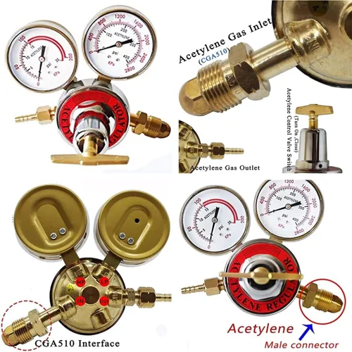 Miniatura 7 de 2 reguladores de gas de soldadura duales, oxígeno (CGA-540) y acetileno (CGA-510) Combo de medidores de latón de dos piezas compatible con kits