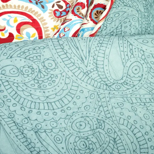 Miniatura 4 de Lush Decor Juego de Edredón Reversible de Algodón Boho Chic de 3 Piezas, Full/Queen, Verde Espuma de Mar y Rojo - Estampado Paisley Brillante, Juego