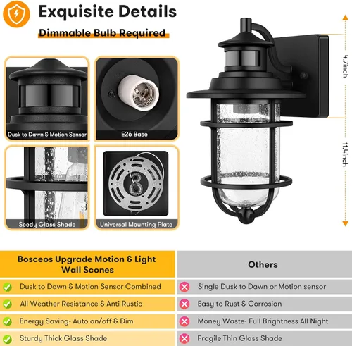 Miniatura 7 de Farol de pared con sensor de movimiento para exteriores, del anochecer al amanecer, impermeable, con vidrio sembrado, lámpara de montaje en pared