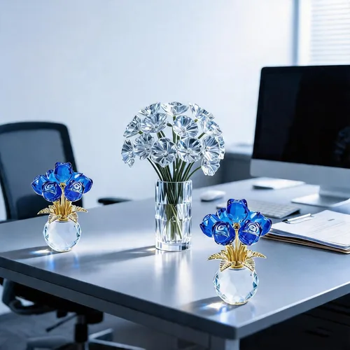 Miniatura 6 de Figura de flor de rosa de cristal con jarrón redondo, flores de cristal, flores de vidrio con tallos, figura de cristal de rosa de cristal, regalos