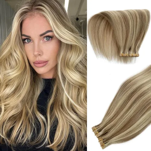 Miniatura 25 de Extensiones adhesivas rubias de cabello humano brasileño grado 9A, #60 rubio platino, cinta en 12 pulgadas, 20 unidades por juego, extensiones