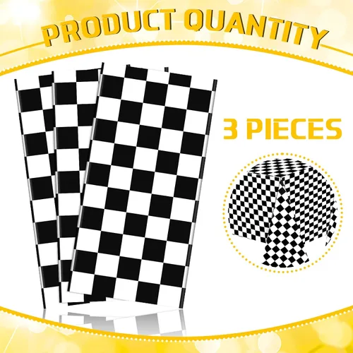 Miniatura 4 de 3 hojas de manteles desechables a cuadros en blanco y negro para fiesta de automóvil de carreras, 54 x 108 pulgadas, mantel rectangular de plástico