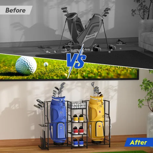 Miniatura 5 de samstar Organizador de garaje de almacenamiento de golf, soporte de almacenamiento para bolsas de golf, 2 bolsas de golf y accesorios para equipos