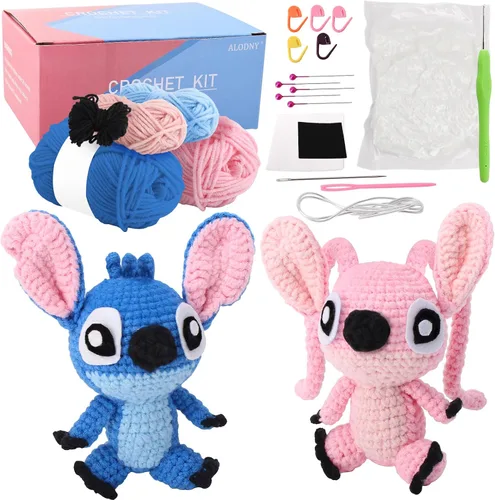 ALODNY Kit de ganchillo para adultos, juego de ganchillo y tejer con hilo y videotutoriales paso a paso (Azul Rosa)