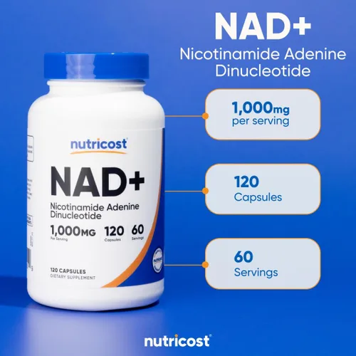 Miniatura 5 de Nutricost Suplemento NAD+ de 1,000 mg por porción, 120 cápsulas (dinucleótido de nicotinamida y adenina) - 60 porciones, sin gluten, vegano
