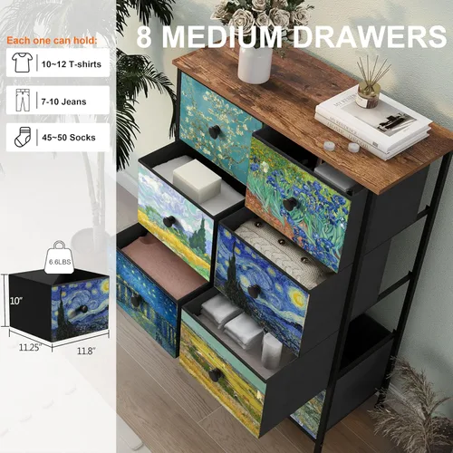 Miniatura 4 de EXOTICA Cómoda alta con 8 cajones para dormitorio, cómoda estrecha de cajones Van Gogh para pasillo, clóset, sala de estar, marco de acero, rústico