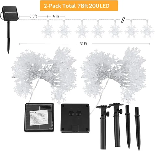 Miniatura 6 de Brightown Guirnalda de luces solares de copo de nieve de Navidad, paquete de 2 unidades, 100 luces LED de 78 pies para exteriores, impermeables
