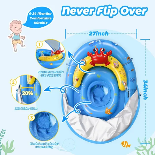Miniatura 5 de LAYCOL Baby Pool Float with Canopy UPF50+, 120°Adjustable Sun Protection and Anti-Tip Safety Seat, Inflatable Toddler Floaties Infant Pool Float Azul