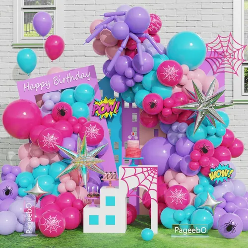 PageebO Arco de globos con temática de araña, 153 globos con estampado de telaraña rosa, morado, azul, con explosión, globos de papel de aluminio de