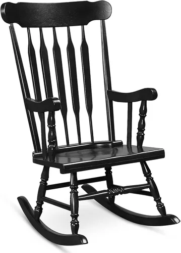 Tangkula Silla mecedora de patio de madera de goma sólida, silla mecedora de porche exterior con marco de madera de goma, silla mecedora de madera