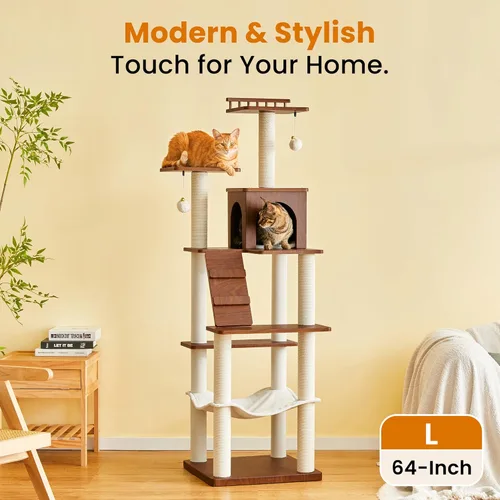 Miniatura 2 de Árbol moderno para gatos de 64 pulgadas, torre para gatos de interior con varios niveles, con 7 postes rascadores completamente envueltos, 2 Marrón