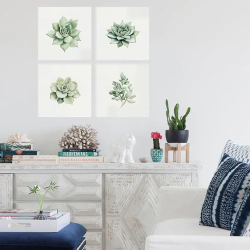 Miniatura 2 de Kunstorner Juego de 4 suculentas para decoración de pared de baño, juego de 4 imágenes suculentas para baño, acuarela, hojas verdes, estampado
