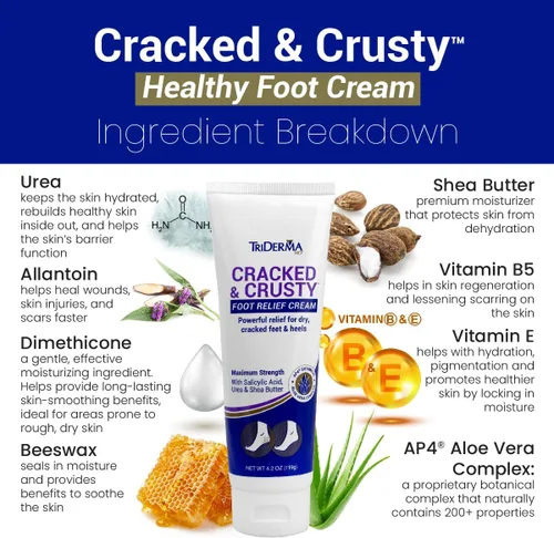 Miniatura 4 de TriDerma Cracked & Crusty™ Crema para pies saludables hidrata, suaviza y cura los pies secos, talones agrietados y codos secos con ácido salicílico