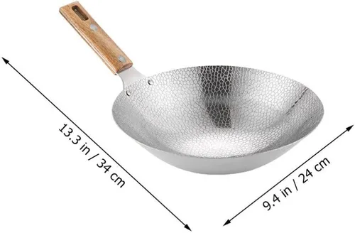 Miniatura 7 de Luxshiny Wok de acero inoxidable de 13.38 pulgadas con mango de madera, sartén de cocina para el hogar para freír vapor y olla caliente utensilios