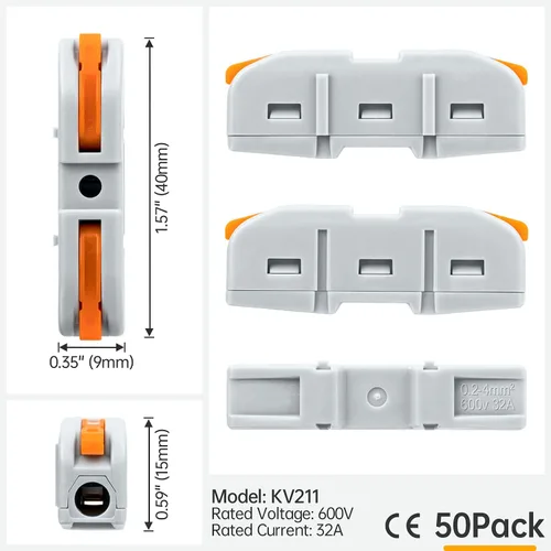 Miniatura 6 de 50 conectores de cable de palanca, 1 conductor compacto de empalme para circuito en línea 24-12 AWG (naranja)