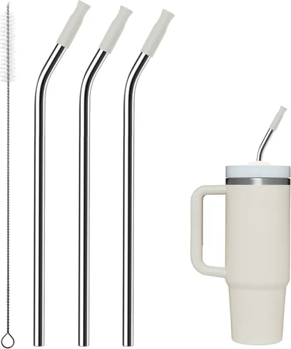 Miniatura 26 de Pajitas de metal rectas para vaso Stanley de 40 onzas, paquete de 3 popotes reutilizables de acero inoxidable con puntas de silicona y cepillo Gris