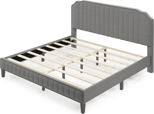 Miniatura 4 de Base de cama tapizada Queen con cabecero, base de colchón con soporte de listones de madera, cama de plataforma moderna, no necesita somier, fácil