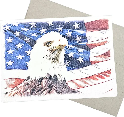 Whitman and Daughter Tarjeta de felicitación patriótica (1 tarjeta de 5 x 7 pulgadas, en blanco), diseño de águila y bandera estadounidense para