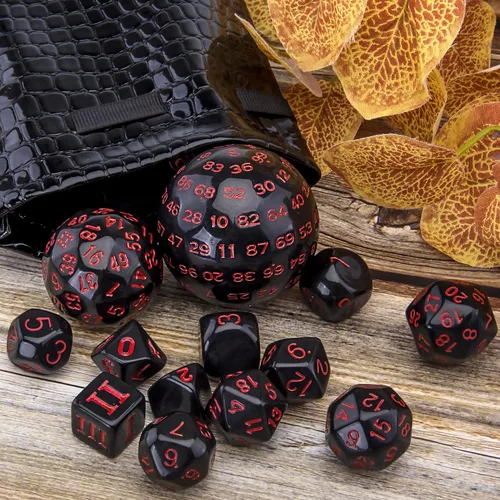 Miniatura 4 de AUSTOR juego completo de 15 dados poliédricos D3-D100 con bolsa de almacenamiento de cuero con cordón para juegos de mesa de rol (negro y rojo)