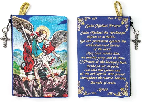 Bolsa de rosario católico Pequeño Arcángel Miguel y San Miguel Rosario de la Tierra Santa Monedas, joyas y rosario con cremallera colgante de cruz