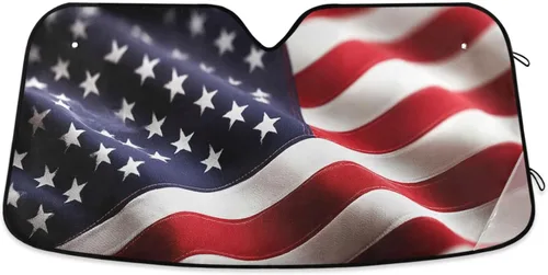 Parasol para parabrisas delantero con bandera americana patriótica voladora de Estados Unidos, protector plegable y reflectante de rayos UV,