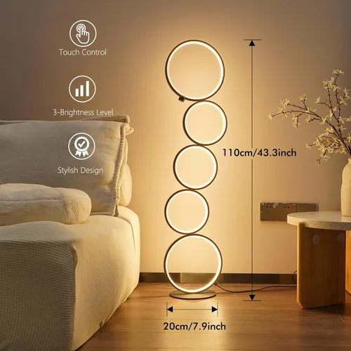 Miniatura 3 de NUÜR Moderna lámpara de pie LED de 5 anillos, lámpara de pie circular artística de 43.3 pulgadas, luz de acento escultural regulable sin escalones