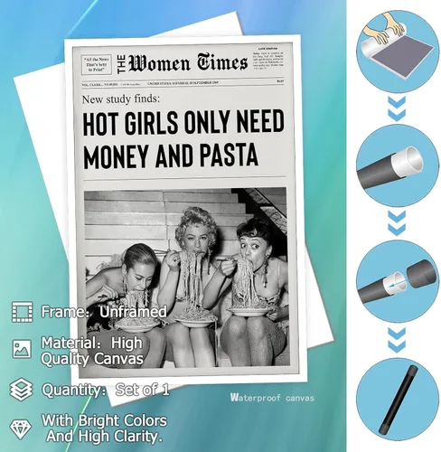 Miniatura 2 de Arte de pared vintage de periódico blanco y negro para niñas, comida de chica caliente, pasta italiana, pósteres divertidos para habitación de Negro