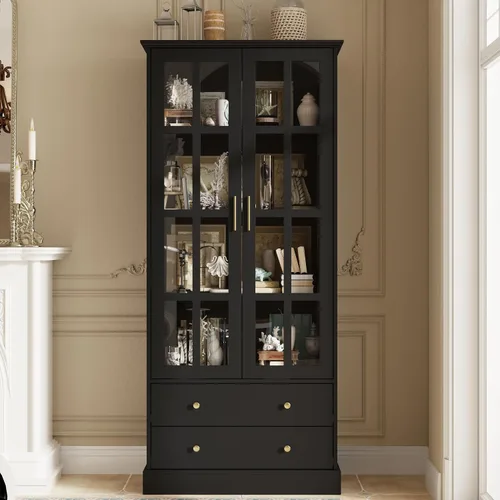 Miniatura 9 de Estantería alta blanca con puertas de cristal, vitrina de madera con estante y cajón ajustables de 3 niveles, armario de despensa para oficina