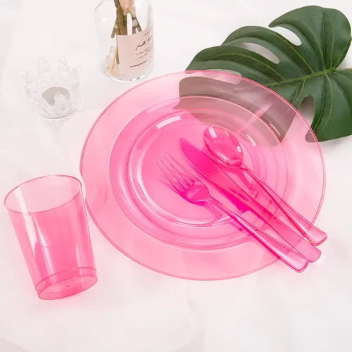Miniatura 2 de WDF 25 platos de color rosa para invitados con cubiertos de plástico rosa y vasos rosados. La vajilla desechable transparente neón incluye 50