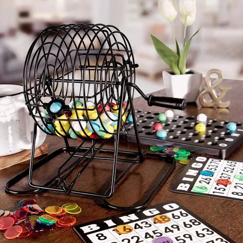 Miniatura 7 de GSE Games & Sports Expert Juego de bingo de lujo con jaula de acero, tablero maestro, 75 bolas, 150 fichas, 18 tarjetas de bingo para fiestas