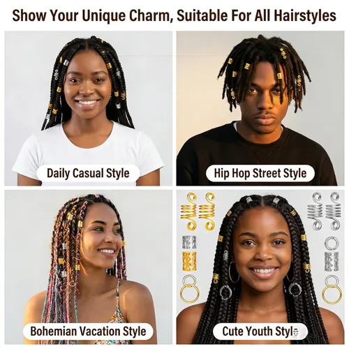 Miniatura 7 de 60 piezas de accesorios metálicos para el cabello de estilo surtido, anillos para puños, cuentas de bobina, botones de rastas, decoraciones