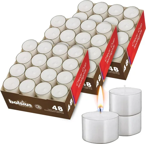 BOLSIUS Velas de té en tazas transparentes, 3 paquetes = total de 144 velas, 8 horas, calidad europea premium, llama constante sin humo, velas de té