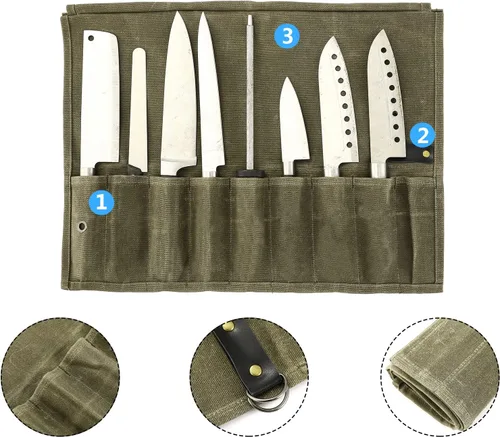 Miniatura 3 de Bolsa enrollable para cuchillos de chef, 9 bolsillos, funda de lona para cuchillos, cartera para cuchillos, protectores para cuchillos de chef