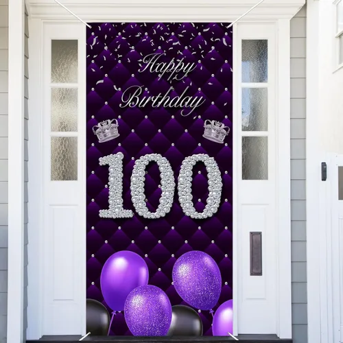 Miniatura 35 de Cartel morado de feliz primer cumpleaños telón de fondo para cabina de fotos, globos de corona plateada, decoración temática para niña, aniversario