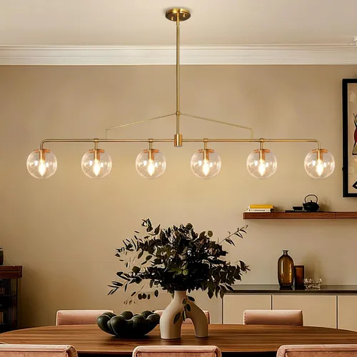 Miniatura 10 de Lámpara de araña lineal dorada moderna de 5 luces para comedor con globo de vidrio sembrado, lámpara colgante lineal de 39 pulgadas para casa