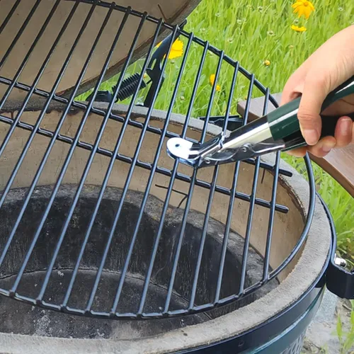Miniatura 6 de Levantador de rejilla de parrilla de acero inoxidable, agarre de rejilla con cubierta protectora verde. Herramienta elevadora de rejilla compatible