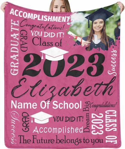 Miniatura 8 de Decoraciones de graduación 2023, manta de regalo para ella, él, felicitaciones 2023, azul oscuro, manta de graduado con nombre personalizado, No.11
