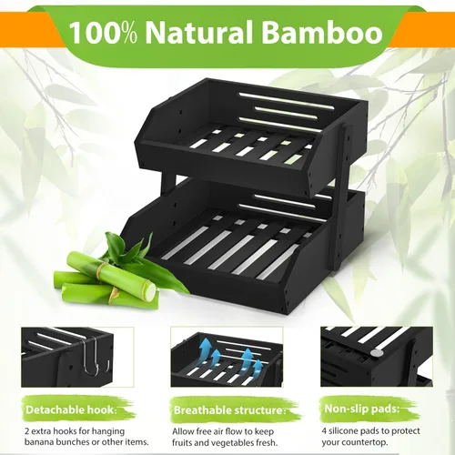 Miniatura 2 de Gmtsl Cesta de frutas de bambú para cocina, frutero de 2 niveles para encimera de cocina, soporte grande para frutas con 2 ganchos para plátanos