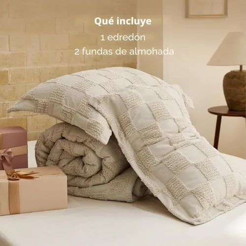 Miniatura 8 de Bedsure Juego de Edredón Tamaño Queen Beige, Juego de Cama Boho con Mechones, Ropa de Cama a Cuadros Estilo Granja Shabby Chic, 3 Piezas, 1 Edredón