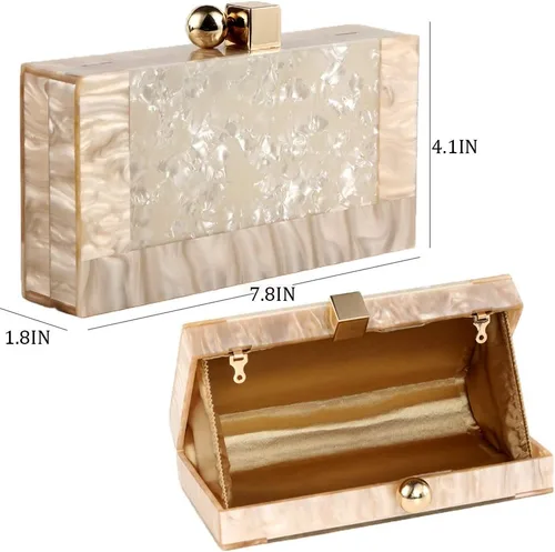 Miniatura 3 de Bolso de mano de acrílico para mujer, bolso de mano de mármol con purpurina para boda, cóctel, fiesta, baile de graduación, Beige, 7.8"x4.1"x1.8