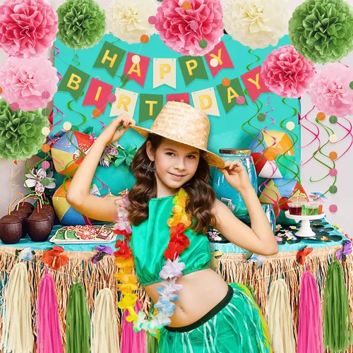 Miniatura 4 de Decoraciones de cumpleaños rosa y verde para mujeres y niñas, pompones de papel de seda, pancarta de feliz cumpleaños, borla de papel, guirnalda
