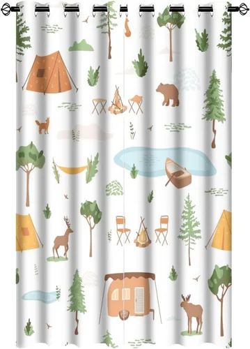 Miniatura 11 de Cortinas abstractas con estampado de cámper de caricaturas, divertido tema de aventura, campamento, montañas, vida silvestre, oso, tratamiento