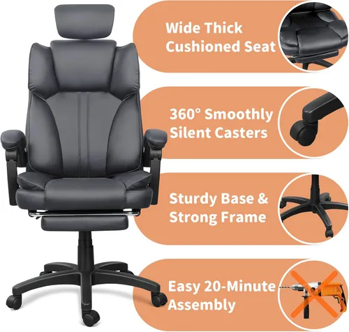 Miniatura 5 de Silla de oficina grande y alta, cómoda silla ergonómica de cuero para computadora con reposacabezas, respaldo alto, silla ejecutiva reclinable